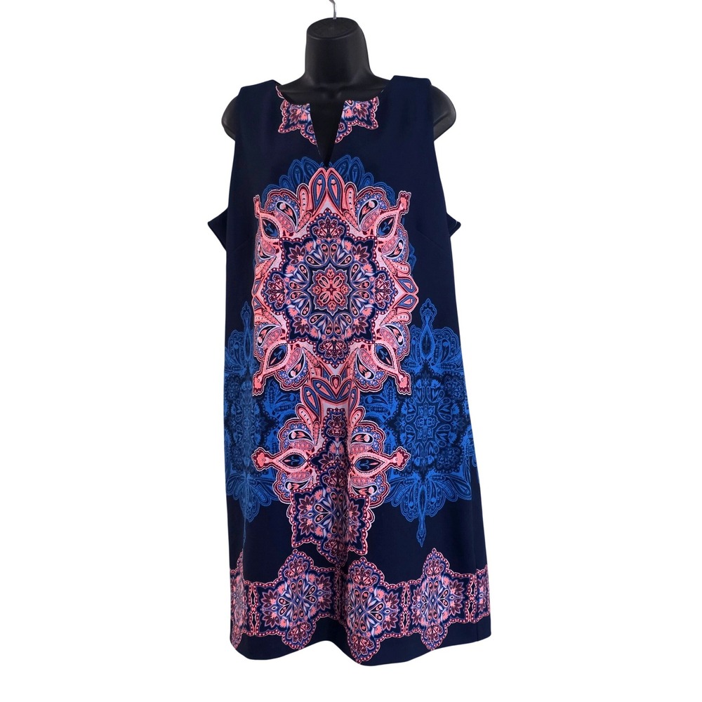Taylor Woman Navy Pink Medallion Paisley Shift Dress 18W Sleeveless 9544L NEW